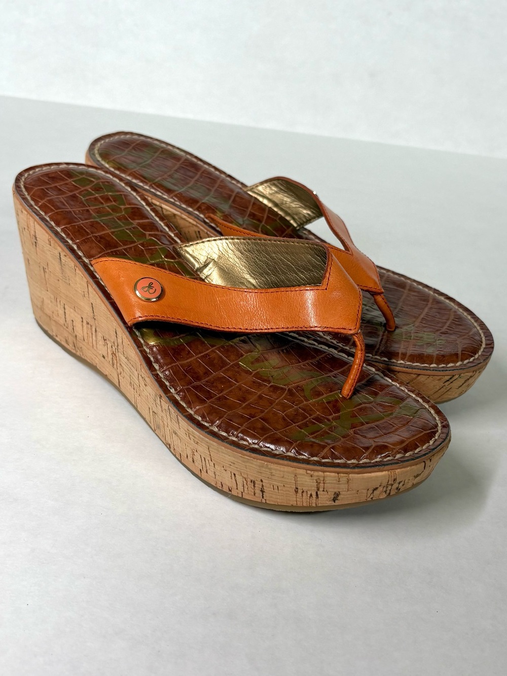Sam Edelman Romy Croc Print Cork Wedge Thong Sandal US 7.5 Orange